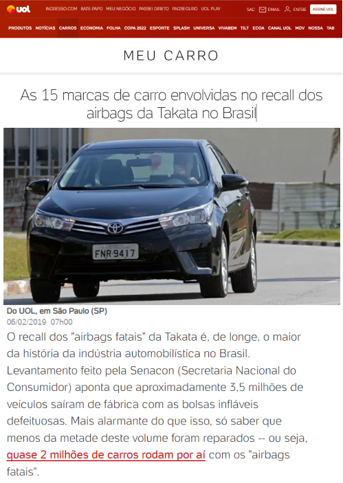 Noticia: 'As 15 marcas de carro envolvidas no recall dos airbags da Takata no Brasil'