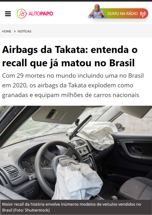 Noticia: 'Airbag da Takata defeituoso pode causar mais mortes'