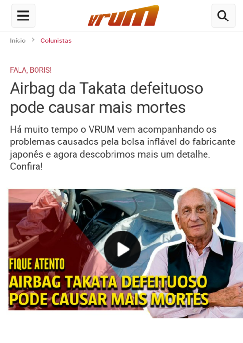 Noticia: 'Airbags da Takata fazem mais uma vítima e número de mortos chega a 17'