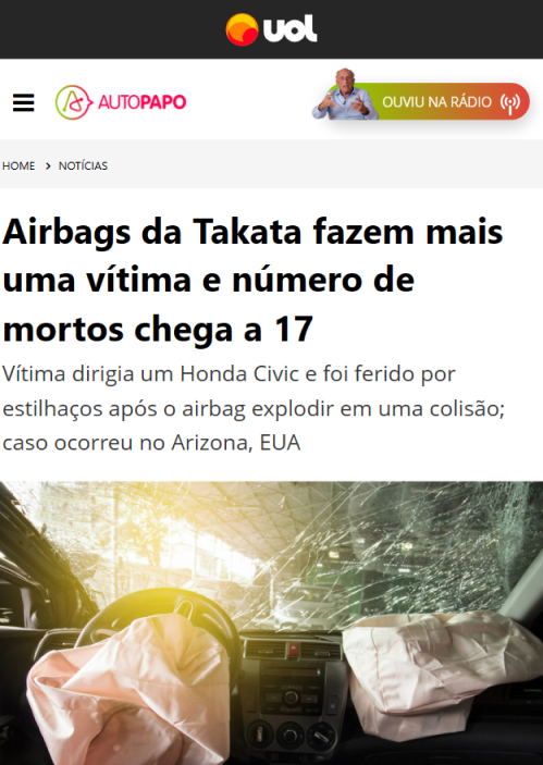 Noticia: 'Airbags mortais da Takata: 2,4 mi de carros rodam pelo Brasil sob ameaça'
